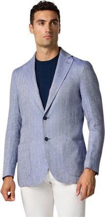 Brooks Brothers Linnen Blazer met Visgraatdessin - Heren - Blazers - Blauw - XL - Linnen - Jassen