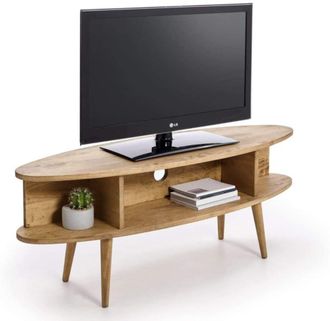 HOGAR 24 Mueble tv vintage ovalado con estantes acabado madera natural encerado