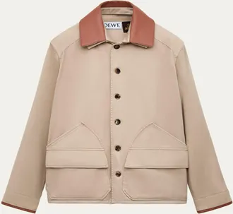 Loewe x Paulas Ibiza Mens Washed Cotton Leather-Collar Shirt Jacket