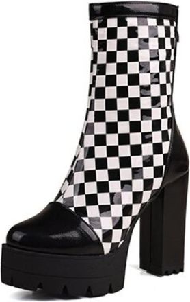 Generic Womens Fashion Ankle Boots Faux Patent Leather Checkerboard Design Block Heels Platform Comfortable Anti-Slip Wear-Resistant For Party Daily Outings S