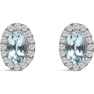 House of Brilliance 10K White Gold 5x3 MM Oval Cut Birthstone and Diamond Halo Stud Earrings in Blue Aquamarine at Nordstrom