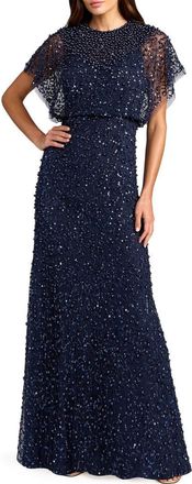 Mac Duggal Beaded Mesh Gown With Shawl in Midnight at Nordstrom, Size 16