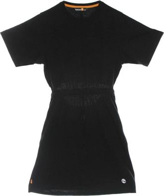 Timberland Zwarte Jurk met Trekkoord- Korte Mouwen en Ronde Hals - Dames - Korte kleedjes - Zwart - XS - Katoen - Kleedjes
