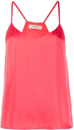 Twin-Set rear logo-plaque satin top - women - Viscose/Polyester - 40 - Pink