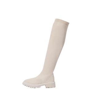 Generic Beige Women Stylish Mesh Stockings Boots with Round Toe Chunky Low Heel Design for Over The Knee Winter Wear