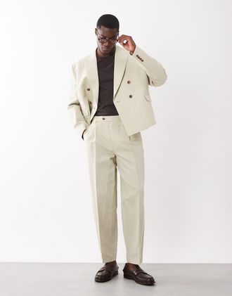 Asos Pantaloni da abito affusolati in misto lino color pietra-Neutro