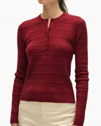 White + Warren Cashmere Textured Henley Top In Deep Crimson