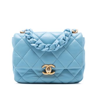 Chanel Blue Mini Quilted Lambskin Lacquered Chain Flap