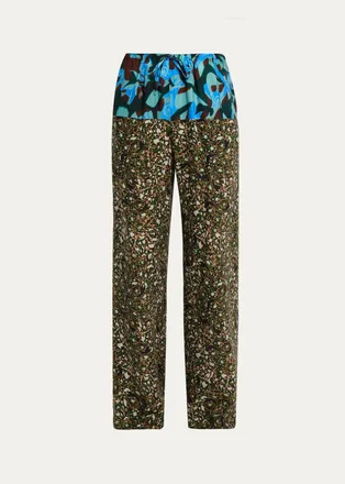 Dries Van Noten Mixed Marbled-Print Wide-Leg Drawstring Pants