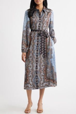 Julia Jordan Mixed Paisley Long Sleeve Midi Shirtdress in Blue Multi at Nordstrom, Size 14