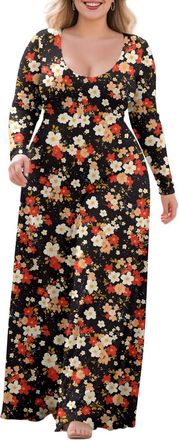 Generic Long Sleeve Maxi Dress for Women - Floral Square Neck - Flowy Holiday Long Dress Beautiful and Fashionable Flowers-c 5XL