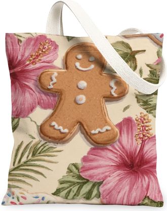 Generic Vintage Floral Canvas Tote Bags, Gingerbread Pattern Reusable Grocery Bags, Holiday Lightweight Washable Shoulder Strap Can, Beige, 13x15 Inch