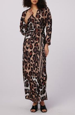 Diane Von F&uuml;rstenberg Babette Reversible Long Sleeve Maxi Wrap Dress in Feather Boa Med/jungle Cat Med at Nordstrom Rack, Size 14