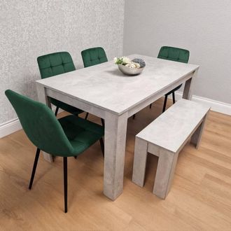 Kosy Koala Modern Stone Grey Effect Set with 4 Green Velvet Chairs & Bench