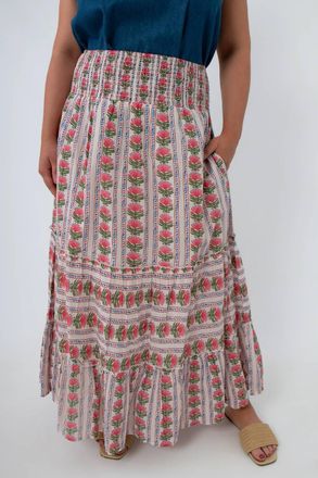THML Clothing Carnation Smocked Waist Midi Skirt In Cream Multi