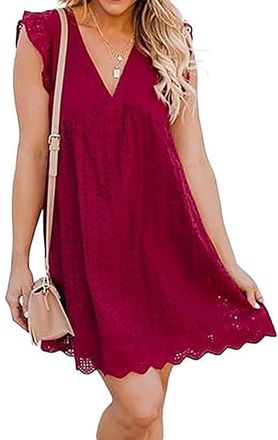 Generic California Romper Dress with Shorts, V-Neck Elegant Lace Short Skirt, Womens Ruffle Sleeve Sexy Casual Flowy Dresses (Red,L)