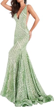 Jovani Low V Neck Sequin Sheath Dress In Pale Green
