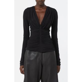 Sportmax Beato Ruched Long Sleeve Cotton Jersey Top in Black at Nordstrom, Size X-Large
