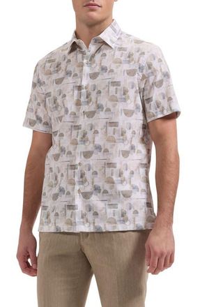 Bugatchi Vero Shaped Fit Geometric Print Short Sleeve Button-Up Shirt in Khaki at Nordstrom, Size Xx-Large