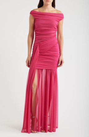 Black Halo Amara Ruched Off the Shoulder Mesh Gown in Cerise at Nordstrom, Size 10