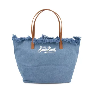 MC2 Saint Barth Tote Bags, female, Blue, Size: ONE SIZE Striped Fringed Beach Bag