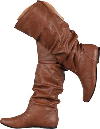 Generic Fold over Slouchy Knee High Heel Boots Flat Western Boots for Women Slouchy Slip on Mid Calf Boot Suede Casual Booties with Side Zipper Pull on Flat F