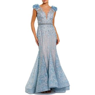 Mac Duggal Embroidered Illusion Appliqued Bodice Trumpet Gown in Powder Blue at Nordstrom, Size 12