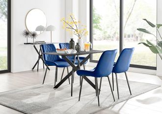 Furniturebox Leonardo Grey Glass Marble Effect Black Leg Table & 4 Pesaro Black Leg Chairs in Navy