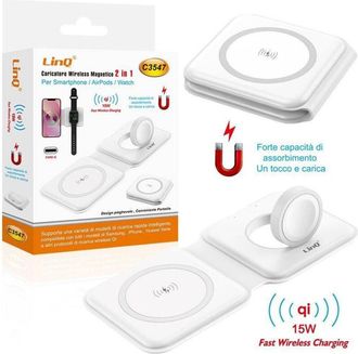 Trade Shop Trade Shop - Caricabatterie Wireless Magnetico 15w 2in1 Qi Smartphone Airpods Smartwatch C3547