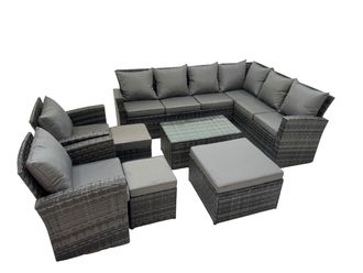Fimous 11 Seater Garden Sofa Coffee Table Set with Chair 3 Footstools in Dark Grey