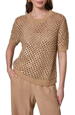 DKNY Pearl Detail Short Sleeve Sweater in Fawn at Nordstrom, Size X-Large