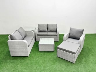 Fimous High Back Poly Rattan Garden Furniture Set w/ Reclining Chair Loveseat Sofa Square Coffee Table Indoor Outdoor Patio Set Big Stool Side Table