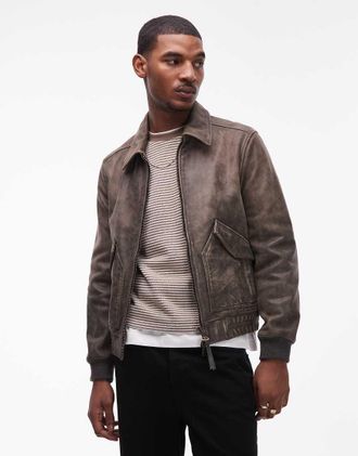 AllSaints Marland - Giacca stile aviatore in pelle nero slavato con zip