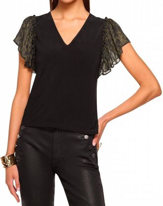 Ramy Brook Lysette V- Neck Flutter Sleeve Top In Olive Foliage