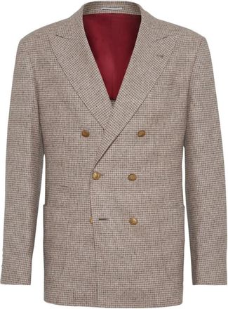 Brunello Cucinelli Beige Wol Zijde Double-Breasted Jas - Heren - Blazers - Beige - 2XL - Wol - Jassen