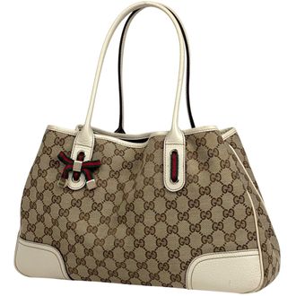 Gucci Beige Ivory Gg Canvas Leather Shoulder Bag Tote Bag (Pre-Owned)