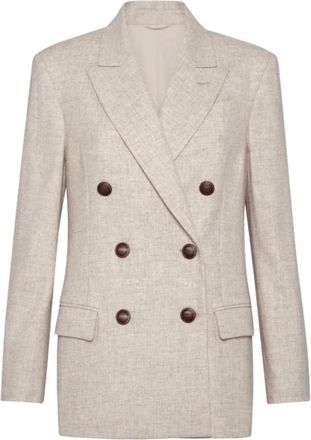 Brunello Cucinelli Beige Flannel Blazer met Peak Revers - Dames - Blazers - Beige - M - Leer - Jassen