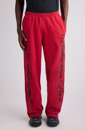 Balenciaga Big B Cursive Logo Embroidered Dry Fleece Sweatpants in Red/Black at Nordstrom, Size X-Large