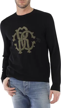 Roberto Cavalli Mens Black 1970 Monogram Sweater, Size Medium