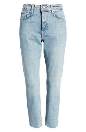 Topshop High Waist Raw Hem Straight Leg Jeans in Light Blue at Nordstrom, Size 30 X 32