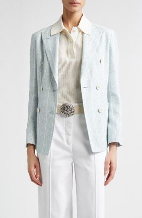 Eleventy Stripe Slubby Linen Blend Jacket in Jade at Nordstrom, Size 10 Us