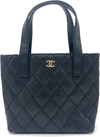 Chanel Wild Stitch Black Leather Handbag Tote Bag (Pre-Owned)