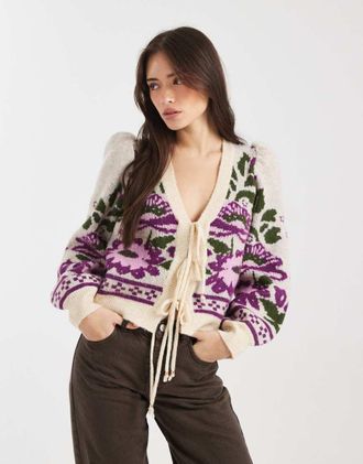 Miss Selfridge Cardigan multicolore a fiori con maniche a sbuffo e allacciatura sul davanti