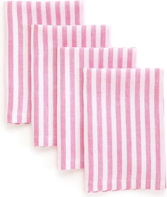 Solino Home Linen Dinner Napkins Set of 4, 20 x 20 Inch for Dining Table, Holiday and Everyday Table Decor - Amalfi Stripe in Pink And White at