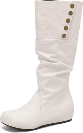 Generic Womens Wedge Heel Knee High Boot Round Toe PU Leather Long Boots Pull on Slouch Boot with Button,White,10.5 UK