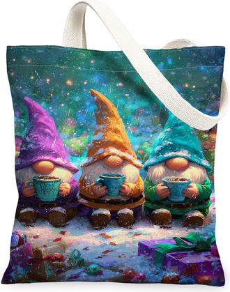 Generic Fanciful Gnomes Canvas Tote Bag, Colorful Holiday Design Reusable Shopping Bags, Lightweight Washable Shoulder Strap Canvas, Multicolor, 13x15 Inch
