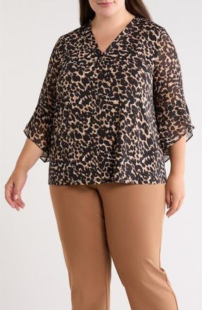 Anne Klein Mixed Media Split Neck Top in Vicuna Multi at Nordstrom, Size 2X