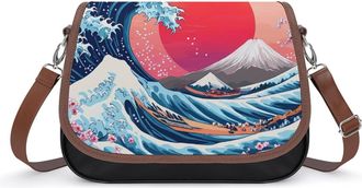 Generic The Great Wave Cherry1 Flower Sun Crossbody Bag Womens Handbag PU Message Bags Shoulder Purse with Adjustable Strap