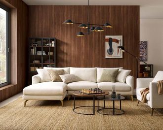 Castlery Lena Chaise Sectional Sofa, Left Facing, Cream, Brass Legs, Spill-Resistant, Removable Covers