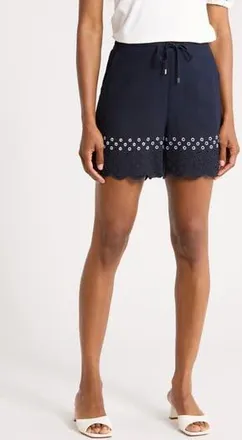 Ellen Tracy Scalloped Eyelet Drawstring Shorts in Navy at Nordstrom Rack, Size X-Small